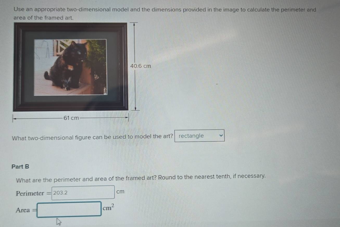 Use an appropriate two-dimensional model and the dimensions provided in the image to calculate the perimeter and 
area of the framed art. 
What two-dimensional figure can be used to model the art? rectangle 
Part B 
What are the perimeter and area of the framed art? Round to the nearest tenth, if necessary.
Perimeter = 203.2 □ cm
Area =□ cm^2