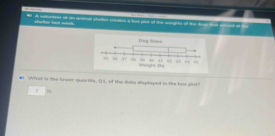 Hfeady M hem- G - 
A volunteer at an animal shelter creates a box plot of the weights of the dogs that arrived at the 
shelter last week. 
Dog 
What is the lower quartile, Q1, of the data displayed in the box plot? 
? 1b