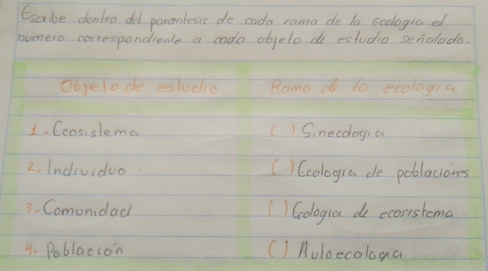 Escribe dentro del parantesis de cada rama de la ecologiael
nomero correspondienle a cada objelo de estudio senalado.
Objelode estudic Rama de la ecologia
1. Ccosislema () Sinecologia
2. Individuo () (cologia de poblaciores
3. Comonidad
()Gcologia do ecosistema
4. Poblacion () Aoloecologia