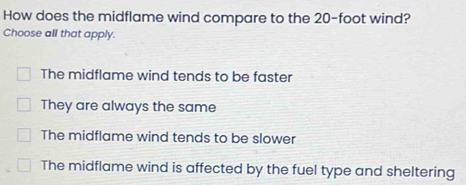 Solved: How does the midflame wind compare to the 20-foot wind? Choose ...
