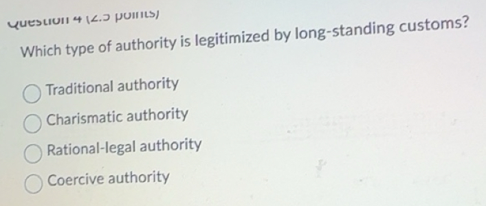 Solved: Which type of authority is legitimized by long-standing customs ...