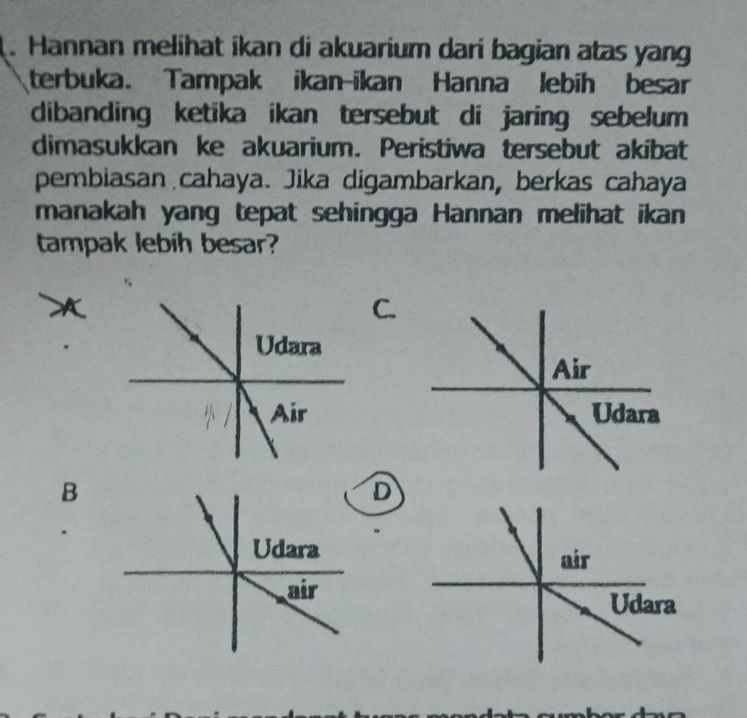 Hannan melihat ikan di akuarium dari bagian atas yang
terbuka. Tampak ikan-ikan Hanna lebih besar
dibanding ketika ikan tersebut di jaring sebelum 
dimasukkan ke akuarium. Peristiwa tersebut akibat
pembiasan cahaya. Jika digambarkan, berkas cahaya
manakah yang tepat sehingga Hannan melihat ikan
tampak lebih besar?
C.
B
D