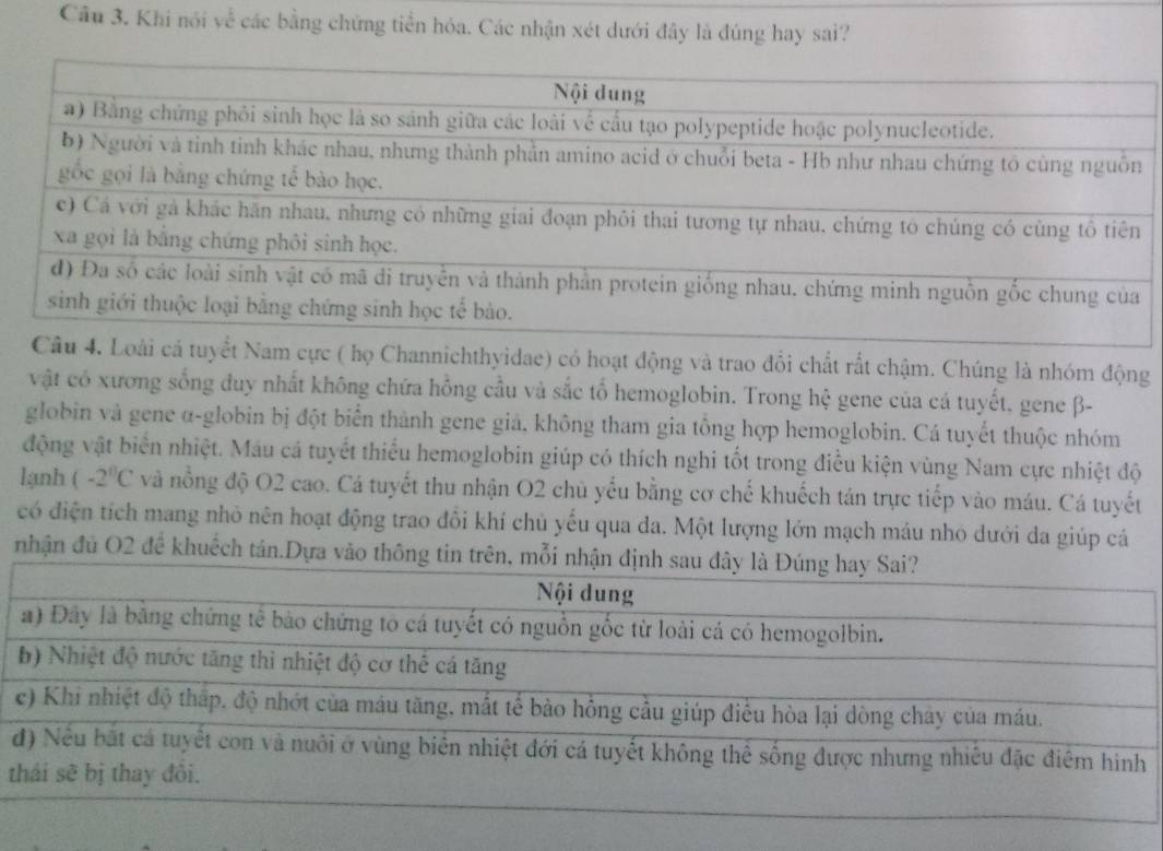 Khi nói về các bằng chứng tiền hóa. Các nhận xét dưới đây là đúng hay sai? 
m cực ( họ Channichthyidae) có hoạt động và trao đổi chất rất chậm. Chúng là nhóm động 
vật có xương sống đuy nhất không chứa hồng cầu và sắc tổ hemoglobin. Trong hệ gene của cá tuyết, gene β - 
globin và gene α -globin bị đột biển thành gene giả, không tham gia tổng hợp hemoglobin. Cá tuyết thuộc nhóm 
động vật biển nhiệt. Máu cá tuyết thiểu hemoglobin giúp có thích nghi tốt trong điều kiện vùng Nam cực nhiệt độ 
lạnh (-2^0C và nổng độ O2 cao. Cá tuyết thu nhận O2 chủ yểu bằng cơ chế khuếch tán trực tiếp vào máu. Cá tuyết 
có điện tích mang nhỏ nên hoạt động trao đổi khí chủ yếu qua da. Một lượng lớn mạch máu nhỏ dưới da giúp cá 
nhận đủ O2 để khuếch tán.Dựa vào thông tin 
t