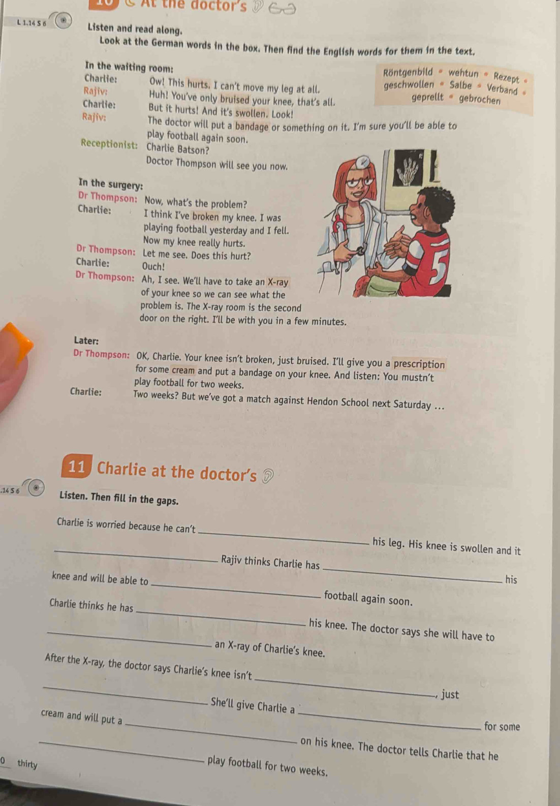 At the doctor's
L 1.14 S 6 Listen and read along.
Look at the German words in the box. Then find the English words for them in the text.
öntgenbild = wehtun * Rezept 
In the waiting room: geschwollen * Salbe * Verband 
Charlie: Ow! This hurts. I can't move my leg at all.
Rajiv: Huh! You've only bruised your knee, that's all.
geprellt  gebrochen
Charlie: But it hurts! And it's swollen. Look!
Rajív: The doctor will put a bandage or something on it. I’m sure you’ll be able to
play football again soon.
Receptionist: Charlie Batson?
Doctor Thompson will see you now.
In the surgery:
Dr Thompson: Now, what's the problem?
Charlie: I think I've broken my knee. I was
playing football yesterday and I fell.
Now my knee really hurts.
Dr Thompson: Let me see. Does this hurt?
Charlie: Ouch!
Dr Thompson: Ah, I see. We’ll have to take an X-ray
of your knee so we can see what the
problem is. The X-ray room is the second
door on the right. I’ll be with you in a few minutes.
Later:
Dr Thompson: OK, Charlie. Your knee isn’t broken, just bruised. I’ll give you a prescription
for some cream and put a bandage on your knee. And listen: You mustn’t
play football for two weeks.
Charlie: Two weeks? But we’ve got a match against Hendon School next Saturday ...
11 Charlie at the doctor’s
.14 S 6 Listen. Then fill in the gaps.
_
Charlie is worried because he can’t _his leg. His knee is swollen and it
_
Rajiv thinks Charlie has
his
knee and will be able to _football again soon.
_Charlie thinks he has_ his knee. The doctor says she will have to
an X-ray of Charlie’s knee.
_
_
After the X-ray, the doctor says Charlie’s knee isn’t
, just
She’ll give Charlie a
_
cream and will put a
_
for some
_on his knee. The doctor tells Charlie that he
O thirty
play football for two weeks.