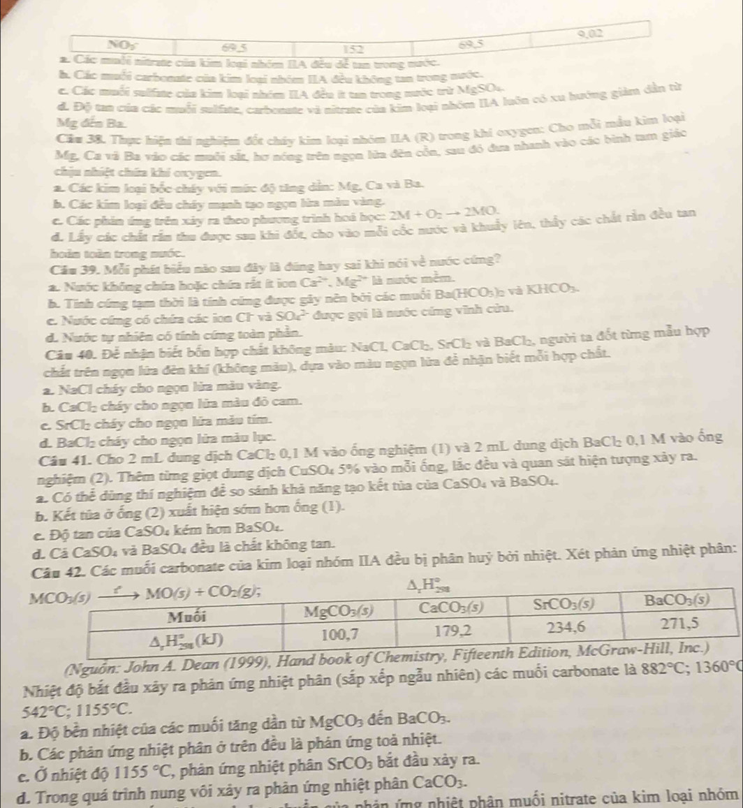 NOy 69.5 152 69.5 9.02
2. Các muỗi nitrate của kim loại nhóm IIA đều đễ tn trong nước.
h. Các muỗi carbonate của kim loại nhóm IIA đều không tan trong nước.
c. Các muối sulfate của kim loại nhóm IIA đều ít tan trong mước trừ MgSOs.
đ. Độ tan của các muỗi sulfate, carbonate và nitrate của kim loại nhóm IIA luôn có xu hướng giảm dẫn từ
Mg đến Ba.
Cầu 38. Thực hiện thí nghiệm đốt chúy kim loại nhóm IIA (R) trong khi oxygen: Cho mỗi mẫu kim loại
Mg, Ca vũ Ba vào các muôi sắt, hơ nóng trên ngọn lửa đên cồn, sau đó đưa nhanh vào các bình tam giáo
chịu nhiệt chứa khi oxygen.
a. Các kim loại bốc cháy với mức độ tăng dẫn: Mg, Ca và Ba.
b. Các kim loại đều chây mạnh tạo ngọn lữa màu vàng.
c. Các phản ứng trên xảy ra theo phương trình hoá học: 2M+O_2to 2MO.
đ. Lấy các chất rắm thu được sau khi đốt, cho vào mỗi cốc nước và khuẩy lên, thầy các chất rần đều tan
hoàn toàn trong nước.
Cầu 39. Mỗi phát biểu nào sau đây là đúng hay sai khi nói về nước cứng?
a. Nước không chứa hoặc chứa rất ít ion Ca^(2+),Mg^(2+) là nước me^(frac 1)6m
b. Tính cứng tạm thời là tính cứng được gây nên bởi các muối Ba(HCO_3)_2vaKHCO_3.
c. Nước cứng có chứa các ion CF và SO_4^((2-) được gọi là nước cứng vĩnh cửu.
d. Nước tự nhiên có tính cứng toàn phản.
Câu 40. Để nhận biết bốn hợp chất không màu: NaCl, CaCh, SrCh₂ và BaCh, người ta đốt từng mẫu hợp
chất trên ngọn lửa đên khí (không màu), dựa vào màu ngọn lửa đề nhận biết mỗi hợp chất.
a. NaCl cháy cho ngọn lửa màu vàng.
b. CaCl₂ cháy cho ngọn lửa màu đỏ cam.
c. SrCl₂ cháy cho ngọn lửa màu tím.
d. BaCl₂ cháy cho ngọn lửa màu lục.
Câu 41. Cho 2 mL dung dịch CaCl 0,1 M vào ống nghiệm (1) và 2 mL dung dịch BaCl 0,1 M vào ống
nghiệm (2). Thêm từng giọt dung dịch CuSO4 5% vào mỗi ống, lắc đều và quan sát hiện tượng xảy ra.
á. Có thể dùng thí nghiệm để so sánh khả năng tạo kết tủa của CaSO4 và BaSO4.
b. Kết tủa ở ống (2) xuất hiện sớm hơn ống (1).
c. Độ tan của CaSO4 kém hơn BaSO4.
d. Cá CaSO_4) và BaSO4 đều là chất không tan.
Câu 42. Các muối carbonate của kim loại nhóm IIA đều bị phân huỷ bởi nhiệt. Xét phản ứng nhiệt phân:
(Nguồn: John A. Dean (1999), Hand book of Chemistry, 
Nhiệt độ bắt đầu xây ra phản ứng nhiệt phân (sắp xếp ngẫu nhiên) các muối carbonate là 882°C;1360°C
542°C;1155°C.
a. Độ bền nhiệt của các muối tăng dần từ MgCO_3 đến BaCO_3.
b. Các phản ứng nhiệt phân ở trên đều là phản ứng toả nhiệt.
c. Ở nhiệt độ 1155°C , phản ứng nhiệt phân SrCO_3 bắt đầu xảy ra.
d. Trong quá trình nung vôi xảy ra phản ứng nhiệt phân CaCO_3.
a nh ân ứ ng nhiệt phân muối nitrate của kim loại nhóm