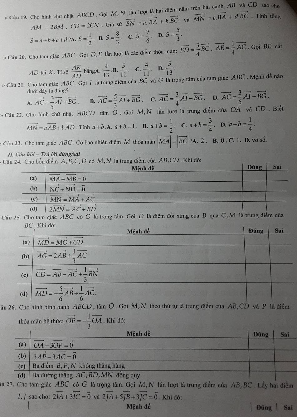 Cho hình chữ nhật ABCD . Gọi M, N lần lượt là hai điểm nằm trên hai cạnh AB và CD sao cho
AM=2BM,CD=2CN. Giả sử vector BN=a.vector BA+b.vector BC và vector MN=c.vector BA+d.vector BC. Tính tổng
S=a+b+c+d?A.S= 1/2  . B. S= 8/3 . C. S= 7/6 . D. S= 5/3 .
Câu 20. Cho tam giác ABC . Gọi D, E lần lượt là các điểm thỏa mãn: vector BD= 3/4 vector BC,vector AE= 1/4 vector AC. Gọi BE cắt
AD tại K. Tỉ số  AK/AD  bằngA.  4/13 . B.  5/11 . C.  4/11  D.  5/13 .
Câu 21. Cho tam giác ABC . Gọi I là trung điểm của BC và G là trọng tâm của tam giác ABC . Mệnh đề nào
dưới đây là đúng?
A. vector AC= 3/5 vector AI+vector BG. B. vector AC= 5/3 vector AI+vector BG. C. vector AC= 3/4 vector AI-vector BG D. vector AC= 3/5 vector AI-vector BG.
Câu 22. Cho hình chữ nhật ABCD tâm O . Gọi M,N lần lượt là trung điểm của OA và CD . Biết
vector MN=avector AB+bvector AD. Tính a+b.A a+b=1 B. a+b= 1/2 . C. a+b= 3/4 . D. a+b= 1/4 .
Câu 23. Cho tam giác ABC . Có bao nhiêu điểm M thỏa mãn |vector MA|=|vector BC| ?A. 2 . B. 0 . C. 1. D. vô số.
II. Câu hỏi - Trả lời đúng/sai
- Câu 24. Cho bốn điểm A,B,C,D có M,N là trung điểm của AB,CD . Khi đó:
Câu 25. Cho tam giác ABC có G là trọng tâm. Gọi D là điểm đối xứng của B qua G,M là trua
2ầu 26. Cho hình bình hành ABCD , tâm O . Gọi M,N theo thứ tự là trung điềm của AB,CD và P là điểm
thỏa mãn hệ thức: vector OP=- 1/3 vector OA. Khi đó:
ầu 27. Cho tam giác ABC có G là trọng tâm. Gọi M,N lần lượt là trung điểm của AB,BC . Lấy hai điểm
I , J sao cho: 2vector IA+3vector IC=vector 0 và 2vector JA+5vector JB+3vector JC=vector 0. Khi đó:
Mệnh đề Đúng Sai