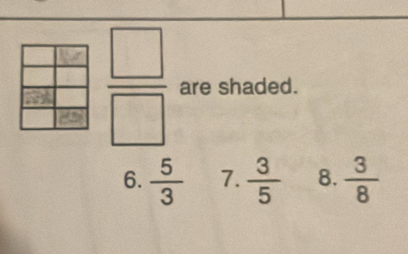  □ /□   are shaded. 
6.  5/3  7.  3/5  8.  3/8 