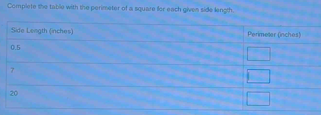 Complete the table with the perimeter of a square for each given side length.