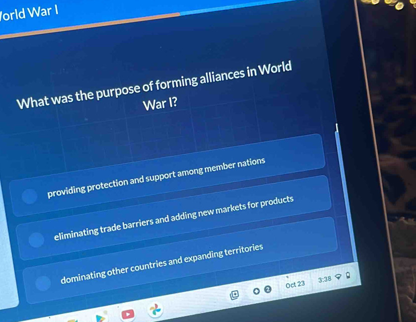 orld War I
What was the purpose of forming alliances in World
War I?
providing protection and support among member nations
eliminating trade barriers and adding new markets for products
dominating other countries and expanding territories
Oct 23 3:38