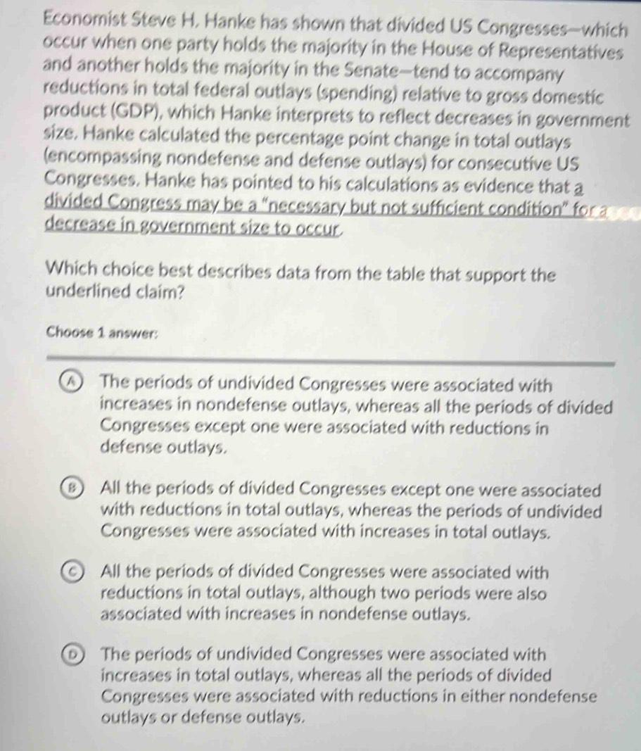 Economist Steve H. Hanke has shown that divided US Congresses—which
occur when one party holds the majority in the House of Representatives
and another holds the majority in the Senate—tend to accompany
reductions in total federal outlays (spending) relative to gross domestic
product (GDP), which Hanke interprets to reflect decreases in government
size. Hanke calculated the percentage point change in total outlays
(encompassing nondefense and defense outlays) for consecutive US
Congresses. Hanke has pointed to his calculations as evidence that a
divided Congress may be a “necessary but not sufficient condition” for a
decrease in government size to occur.
Which choice best describes data from the table that support the
underlined claim?
Choose 1 answer:
A The periods of undivided Congresses were associated with
increases in nondefense outlays, whereas all the periods of divided
Congresses except one were associated with reductions in
defense outlays.
) All the periods of divided Congresses except one were associated
with reductions in total outlays, whereas the periods of undivided
Congresses were associated with increases in total outlays.
All the periods of divided Congresses were associated with
reductions in total outlays, although two periods were also
associated with increases in nondefense outlays.
⑤ The periods of undivided Congresses were associated with
increases in total outlays, whereas all the periods of divided
Congresses were associated with reductions in either nondefense
outlays or defense outlays.