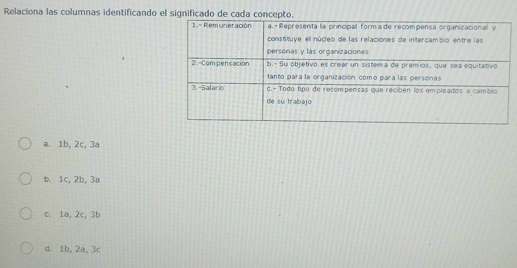 Relaciona las columnas identificando el significado de cada concepto
a. 1b, 2c, 3a
b. 1c, 2b, 3a
c. 1a, 2c, 3b
d. 1b, 2a, 3c