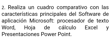 Realiza un cuadro comparativo con las 
características principales del Software de 
aplicación Microsoft: procesador de texto 
Word, Hoja de cálculo Excel y 
Presentaciones Power Point.