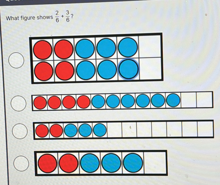 What figure shows  2/6 + 3/6  ?