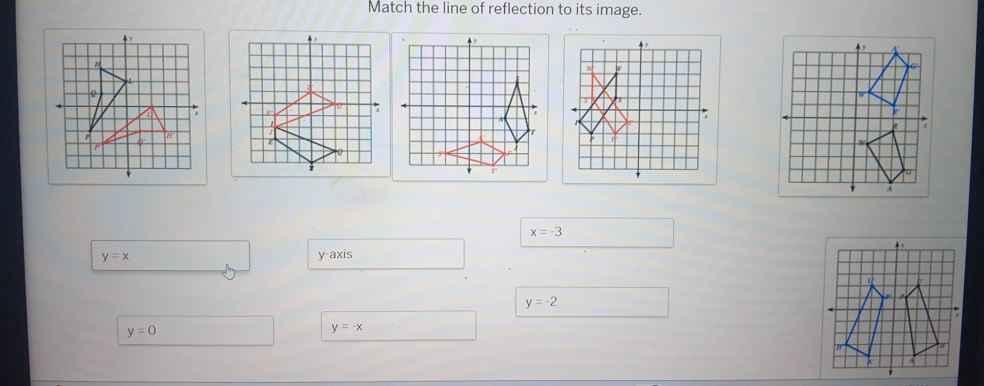 Match the line of reflection to its image.
x=-3
y=x y-axis
y=-2
y=0
y=-x
A' A