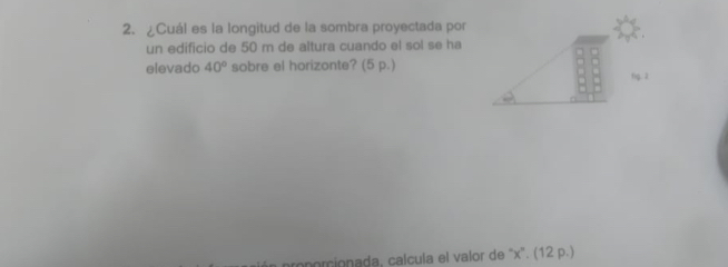 ¿Cuál es la longitud de la sombra proyectada por 
un edificio de 50 m de altura cuando el sol se ha 
elevado 40° sobre el horizonte? (5 p.) fng. 2 
rnomionada, calcula el valor de “ x '. (12 p.)