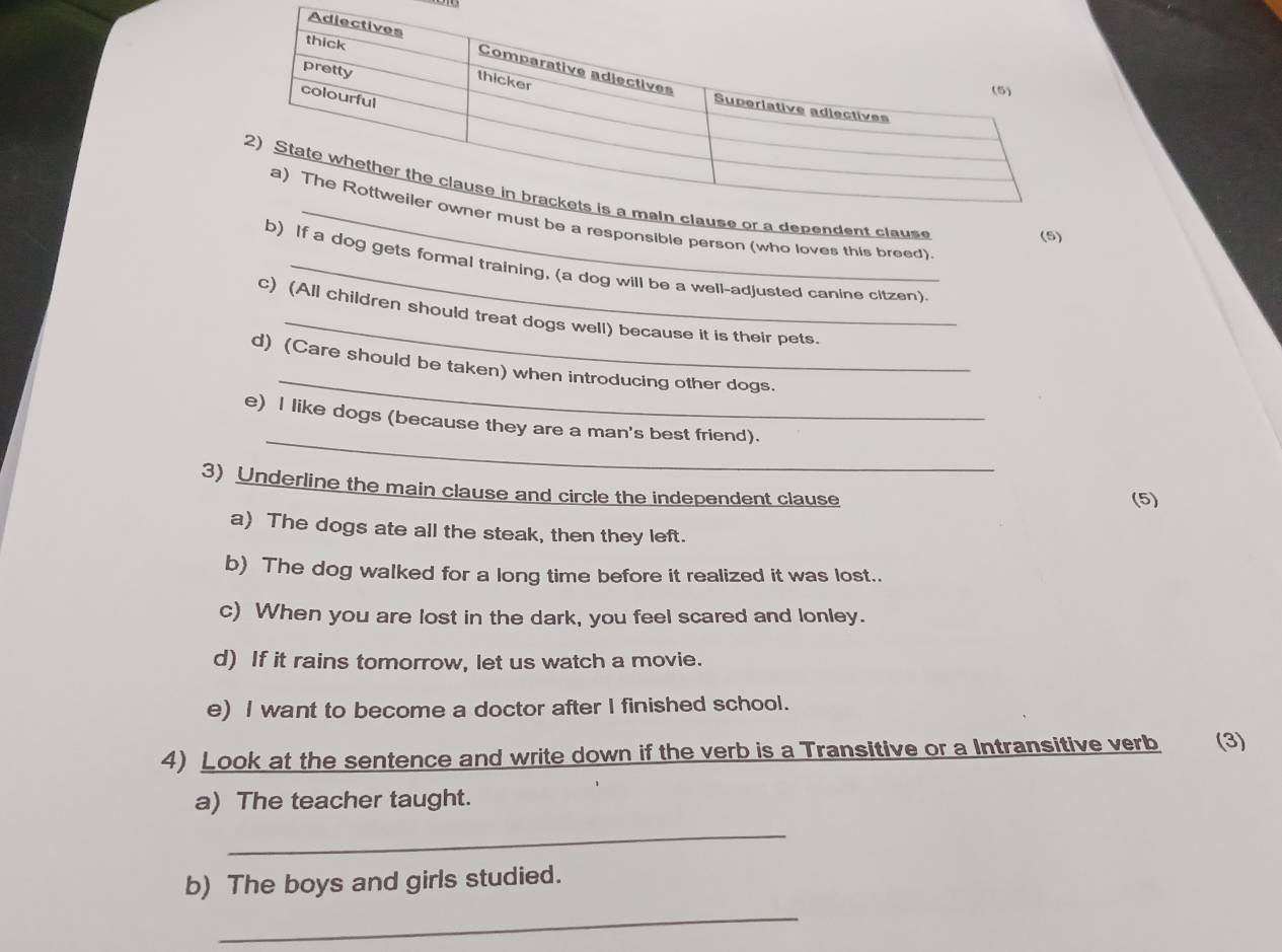 pendent clause 
a responsible person (who loves this breed) 
(5) 
) If a dog gets formal training, (a dog will be a well-adjusted canine citzen). 
c) (All children should treat dogs well) because it is their pets. 
_ 
d) (Care should be taken) when introducing other dogs. 
_ 
e) I like dogs (because they are a man's best friend). 
3) Underline the main clause and circle the independent clause (5) 
a) The dogs ate all the steak, then they left. 
b) The dog walked for a long time before it realized it was lost.. 
c) When you are lost in the dark, you feel scared and lonley. 
d) If it rains tomorrow, let us watch a movie. 
e) I want to become a doctor after I finished school. 
4) Look at the sentence and write down if the verb is a Transitive or a Intransitive verb (3) 
a) The teacher taught. 
_ 
b) The boys and girls studied. 
_