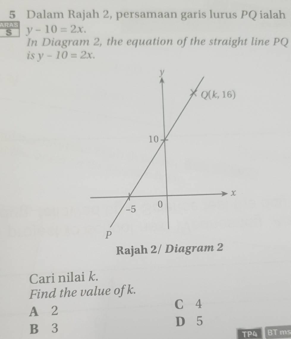 Dalam Rajah 2, persamaan garis lurus PQ ialah
ARAS y-10=2x.
S
In Diagram 2, the equation of the straight line PQ
is y-10=2x.
Rajah 2/ Diagram 2
Cari nilai k.
Find the value of k.
C 4
A 2
B 3
D 5
TP4 BT ms