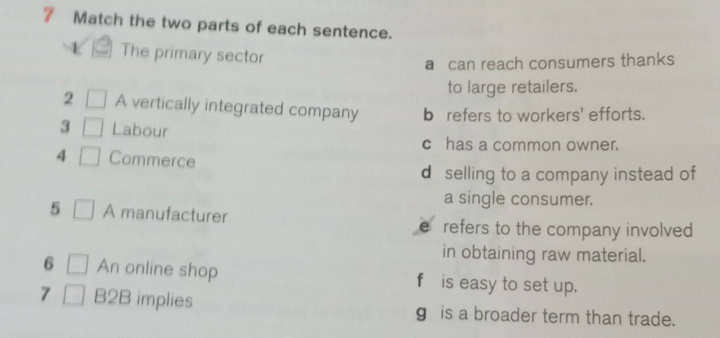 Match the two parts of each sentence.
The primary sector
a can reach consumers thanks
to large retailers.
2 A vertically integrated company
brefers to workers' efforts.
3 Labour
c has a common owner.
4 Commerce
d selling to a company instead of
a single consumer.
5 A manufacturer
refers to the company involved
in obtaining raw material.
6 An online shop f is easy to set up.
7 B2B implies
g is a broader term than trade.