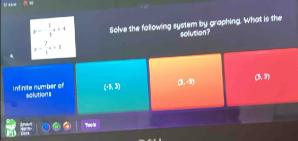 50
y=- 1/3 x+4 Solve the following system by graphing. What is the
solution?
y= 2/3 x+1
(3,3)
Infinite number of (-5,5)
(5,-5)
solutions
Tools