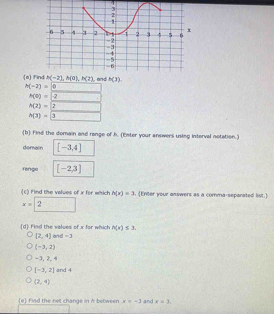 4 
(a) h(-2), h(0), h(2) , and h(3).
h(-2)= 0
h(0)=-2
h(2)=2
h(3)=3
(b) Find the domain and range of h. (Enter your answers using interval notation.) 
domain [-3,4]
range [-2,3]
(c) Find the values of x for which h(x)=3. (Enter your answers as a comma-separated list.)
x=2
(d) Find the values of x for which h(x)≤ 3.
[2,4] and -3
(-3,2)
-3, 2, 4
[-3,2] and 4
(2,4)
(e) Find the net change in h between x=-3 and x=3.