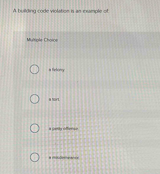 Solved: A building code violation is an example of: Multiple Choice a ...