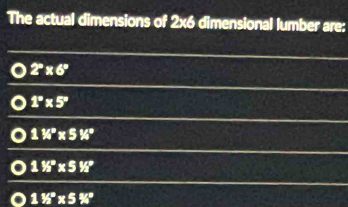 The actual dimensions of 2* 6 dimensional lumber are:
2°* 6°
1°* 5°
1% ^circ * 5% ^circ 
11/2°* 5% ^circ 
11/2°* 5% ^circ 