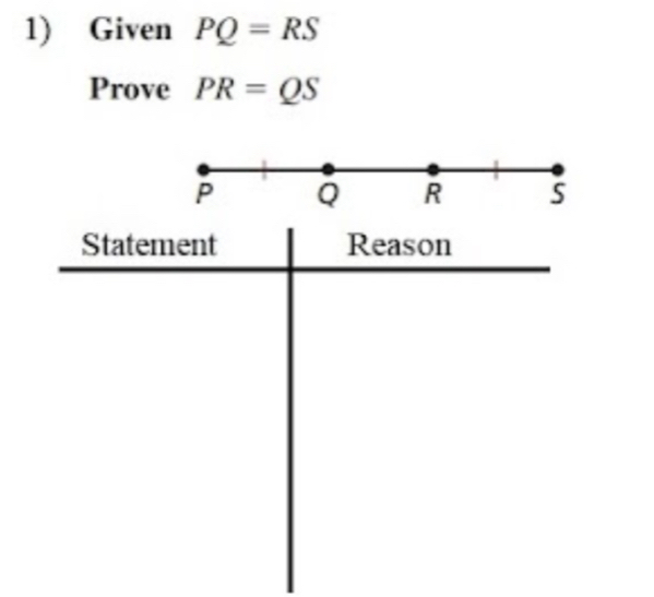 Given PQ=RS
Prove PR=QS
P Q R S