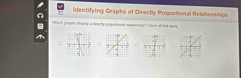 Chack Quick ldentifying Graphs of Directly Proportional Relationships 
Which graphs display a directly proportional relationship? Check all that apply