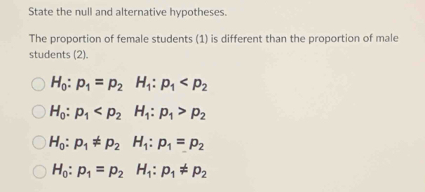 State the null and alternative hypotheses.
The proportion of female students (1) is different than the proportion of male
students (2).
H_0:p_1=p_2H_1:p_1
H_0:p_1 p_2
H_0:p_1!= p_2H_1:p_1=p_2
H_0:p_1=p_2H_1:p_1!= p_2