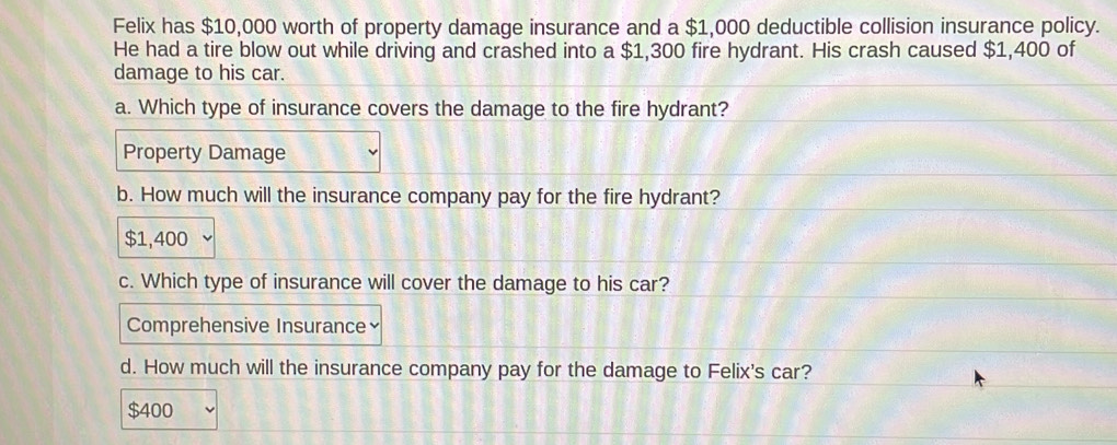 Felix has $10,000 worth of property damage insurance and a $1,000 deductible collision insurance policy.
He had a tire blow out while driving and crashed into a $1,300 fire hydrant. His crash caused $1,400 of
damage to his car.
a. Which type of insurance covers the damage to the fire hydrant?
Property Damage
b. How much will the insurance company pay for the fire hydrant?
$1,400
c. Which type of insurance will cover the damage to his car?
Comprehensive Insurance×
d. How much will the insurance company pay for the damage to Felix's car?
$400