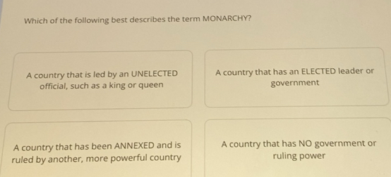 Solved: Which of the following best describes the term MONARCHY? A ...