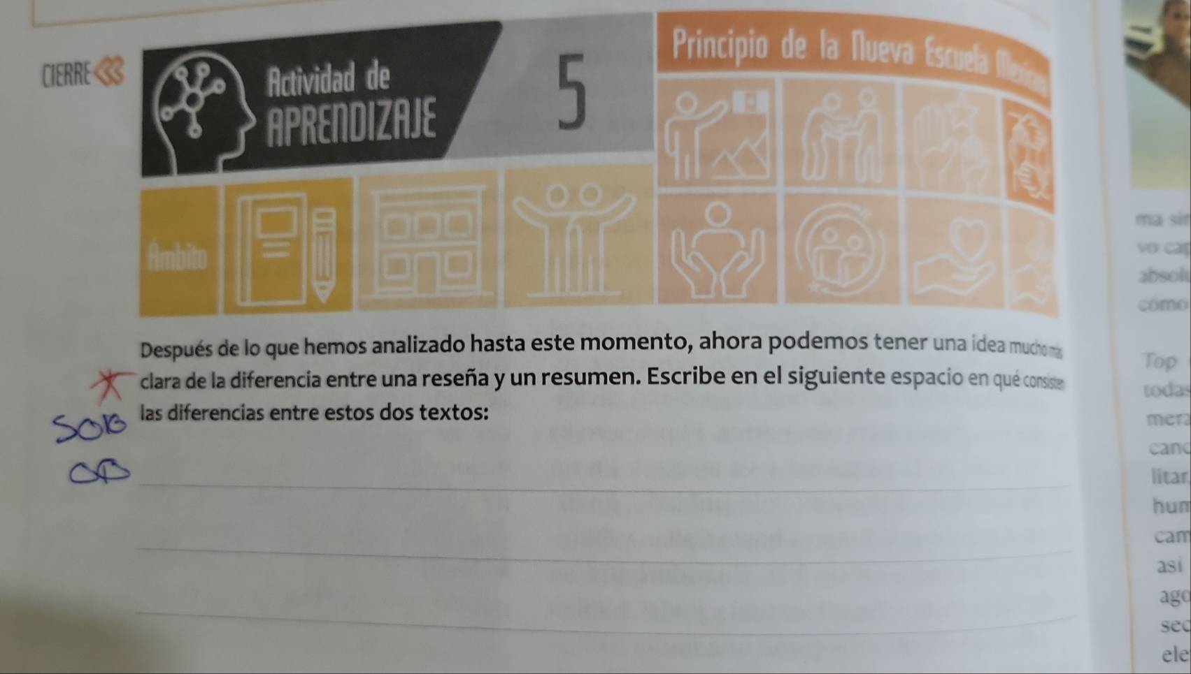 CIE 
ma sir 
vo car 
absol 
cómo 
Después de lo que hemos analizado hasta este momento, ahora podemos tener una idea mucho ma 
Top 
clara de la diferencia entre una reseña y un resumen. Escribe en el siguiente espacio en qué consiste 
todas 
las diferencias entre estos dos textos: 
mer 
cand 
_ 
litar 
hum 
_ 
cam 
asi 
_ 
agd 
sec 
ele