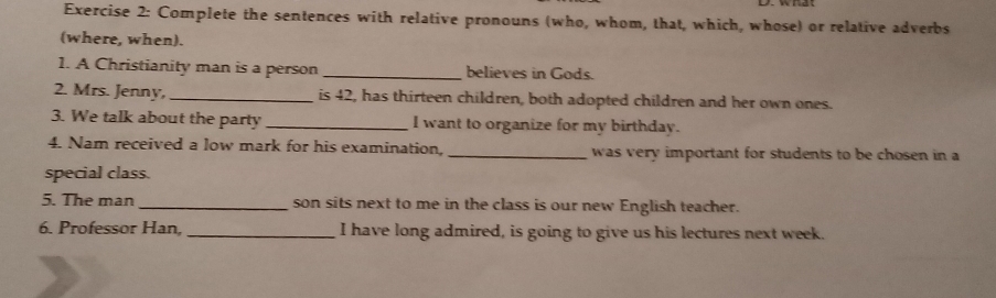 Complete the sentences with relative pronouns (who, whom, that, which, whose) or relative adverbs 
(where, when). 
1. A Christianity man is a person _believes in Gods. 
2. Mrs. Jenny, _is 42, has thirteen children, both adopted children and her own ones. 
3. We talk about the party _I want to organize for my birthday. 
4. Nam received a low mark for his examination, _was very important for students to be chosen in a 
special class. 
5. The man _son sits next to me in the class is our new English teacher. 
6. Professor Han _I have long admired, is going to give us his lectures next week.