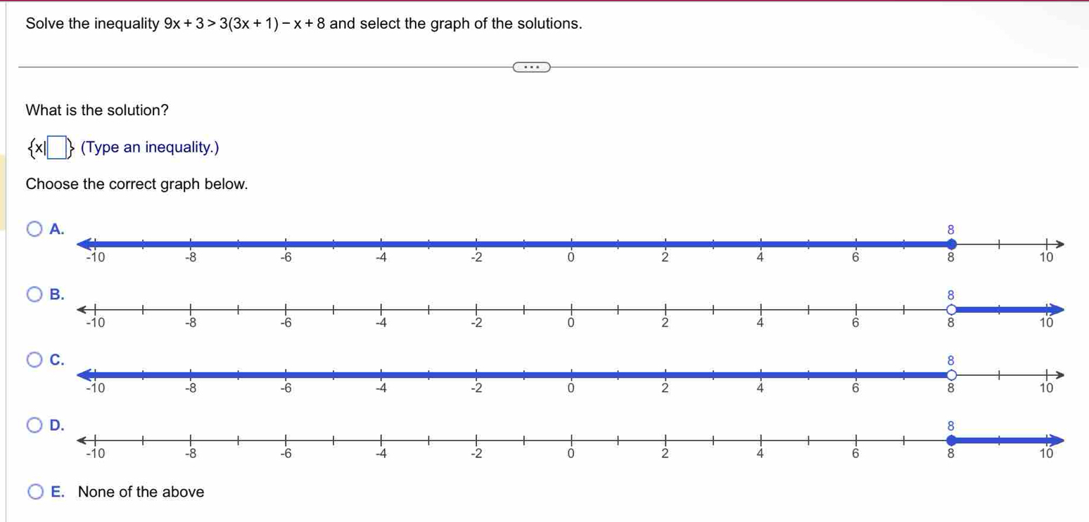 Solve the inequality 9x+3>3(3x+1)-x+8 and select the graph of the solutions.
What is the solution?
 x|□  (Type an inequality.)
Choose the correct graph below.
E. None of the above