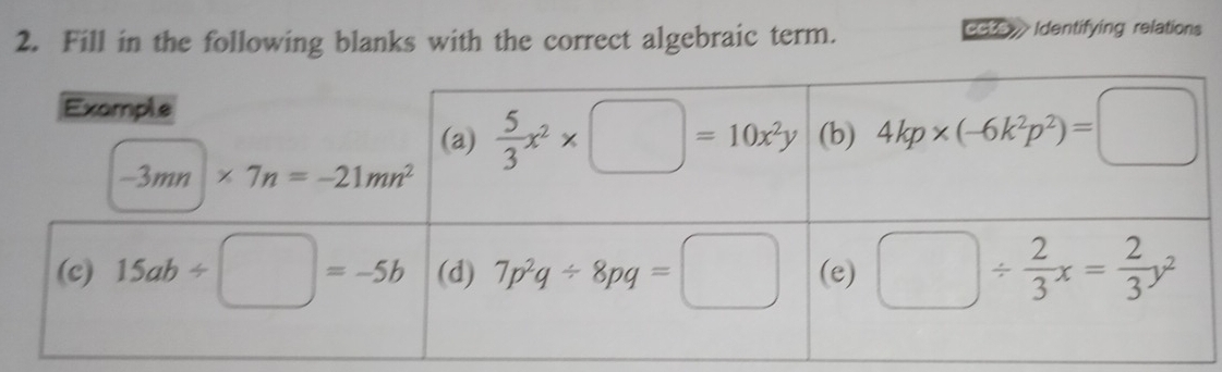 Fill in the following blanks with the correct algebraic term. octe Identifying relations