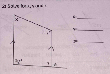 Solve for x, y and z
x= _
y= _
z= _