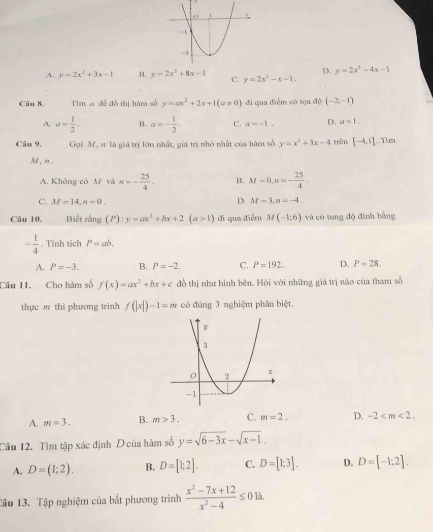 D. y=2x^2-4x-1
A. y=2x^2+3x-1 B. y=2x^2+8x-1 C. y=2x^2-x-1.
Câu 8. Tìm # đề đồ thị hàm số y=ax^2+2x+1(a!= 0) đi qua điểm có tọa độ (-2;-1)
A. a= 1/2 . a=- 1/2 . C. a=-1. D. a=1.
B.
Câu 9. Gọi M, n là giá trị lớn nhất, giá trị nhỏ nhất của hàm số y=x^2+3x-4 trên [-4,1]. Tìm
M,n.
A. Không có M và n=- 25/4 · M=0,n=- 25/4 .
B.
C. M=14,n=0. D. M=3,n=-4.
Câu 10. Biết rằng (P): y=ax^2+bx+2(a>1) di qua điểm M(-1;6) và có tung độ đỉnh bằng
- 1/4 . Tính tích P=ab.
A. P=-3. B. P=-2. C. P=192. D. P=28.
Câu 11. Cho hàm số f(x)=ax^2+bx+c đồ thị như hình bên. Hỏi với những giá trị nào của tham số
thực m thì phương trình f(|x|)-1=m có đúng 3 nghiệm phân biệt.
A. m=3. B. m>3. C. m=2.
D. -2
Câu 12. Tìm tập xác định D của hàm số y=sqrt(6-3x)-sqrt(x-1).
A. D=(1;2). B. D=[1;2]. C. D=[1;3]. D. D=[-1;2].
Tâu 13. Tập nghiệm của bất phương trình  (x^2-7x+12)/x^2-4 ≤ 0la