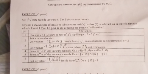 Cette épreuve comporte deux (02) pages numérotées 1/2 et 2/2.
EXERCICE 1 (3 points)
Soit (i,j ) une base de vecteurs et é et é des vecteurs donnés.
Réponds à chacune des affirmations suivantes par vrai (V) ou faux (F) en relevant sur ta copie la réponse
EXERCICE 2 (2 points)