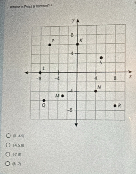 Where is Point R located?" 5
x
(8,6.5)
(-6.5,8)
(-7,8)
(8,-7)