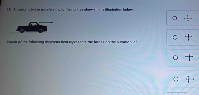 An automobile is accelerating to the right as shown in the illustration below. 
0+ 
) 
Which of the following diagrams best represents the forces on the automobile?
J