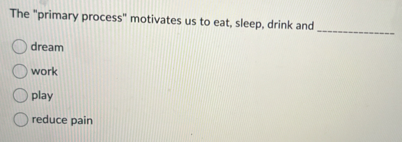 The "primary process" motivates us to eat, sleep, drink and
_
dream
work
play
reduce pain