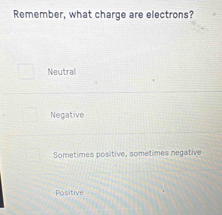 Remember, what charge are electrons?
Neutral
Negative
Sometimes positive, sometimes negative
Positive