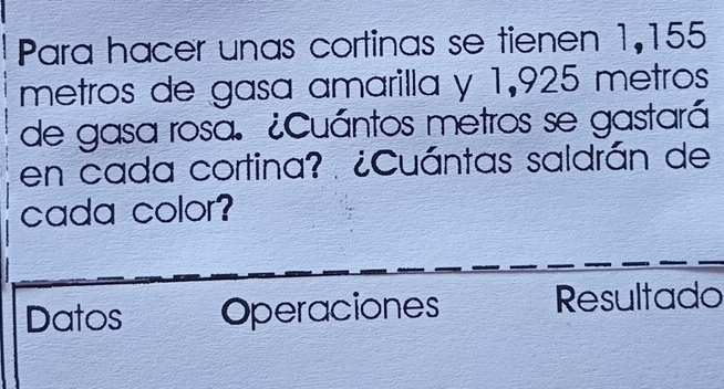 Para hacer unas cortinas se tienen 1,155
metros de gasa amarilla y 1,925 metros
de gasa rosa. ¿Cuántos metros se gastará 
en cada cortina? ¿Cuántas saldrán de 
cada color? 
Datos Operaciones 
Resultado