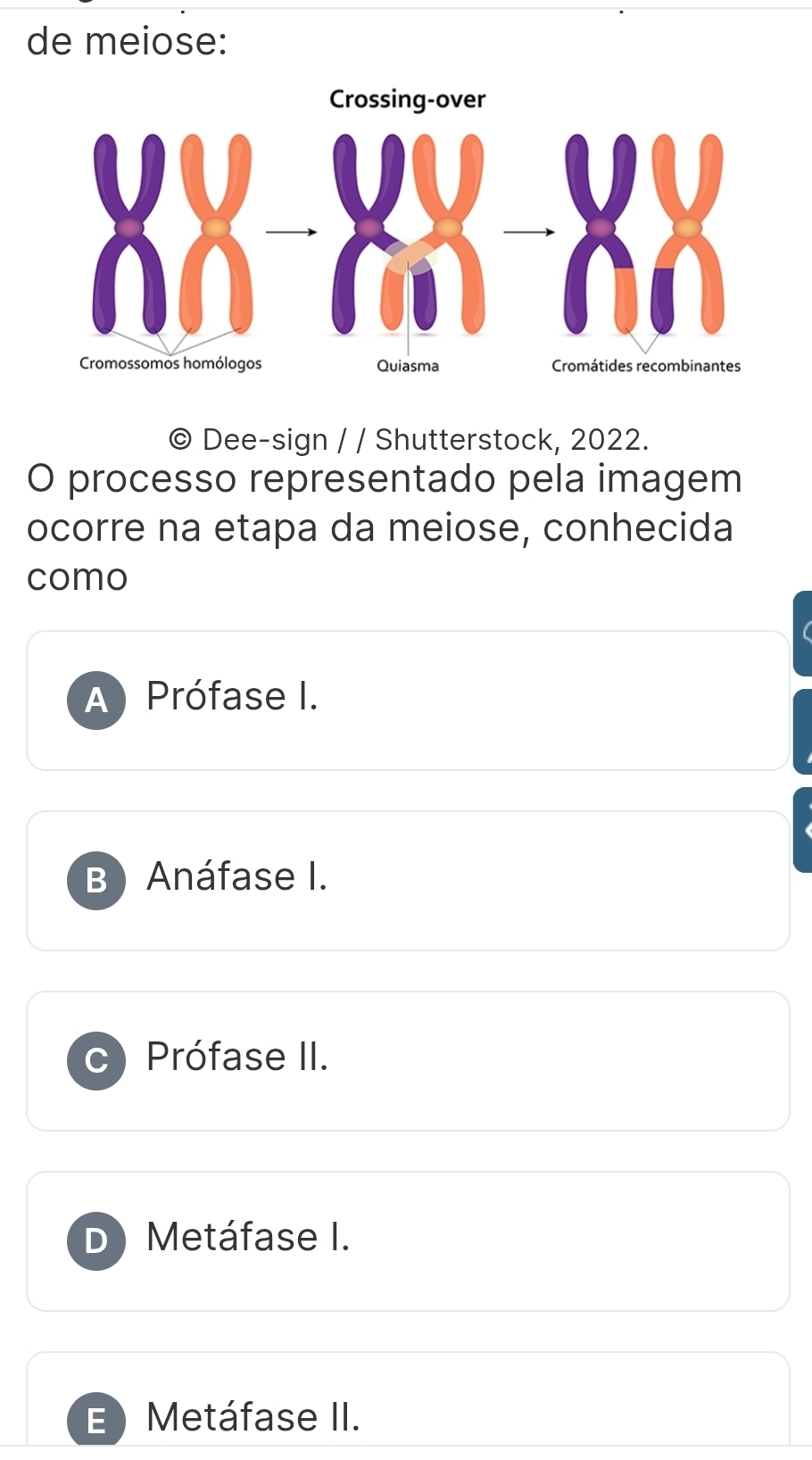 de meiose:
Crossing-over
Cromátides recombinantes
© Dee-sign / / Shutterstock, 2022.
O processo representado pela imagem
ocorre na etapa da meiose, conhecida
como
A) Prófase I.
B)Anáfase I.
Prófase II.
Metáfase I.
E Metáfase II.