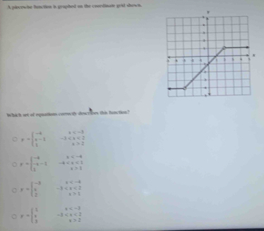 A piecewise function is graphed on the coordinate grid shows.
Which set of equations correcty describes this function?
r=beginarrayl -4 x-1 1endbmatrix beginarrayr x 2endarray
y=beginarrayl -4 -x-1 1endarray. beginarrayr x 1endarray
y=beginbmatrix -3 x 2endbmatrix beginarrayr x 1endarray
r=beginpmatrix 1 1 3endpmatrix -3
x>2