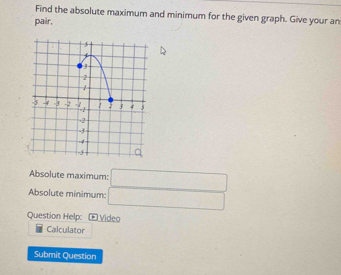 Find the absolute maximum and minimum for the given graph. Give your an 
pair. 
Absolute maximum: □
Absolute minimum: □ 
Question Help: ® Video 
Calculator 
Submit Question