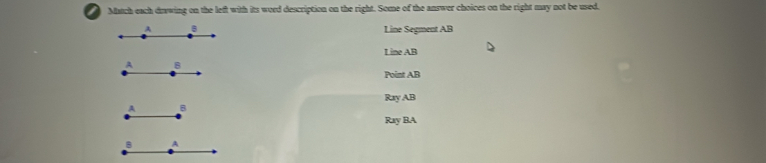 Match each drwing on the left with its word description on the right. Some of the answer choices on the right may not be used.
A B Line Segment AB
Line AB
A 8
Point AB
RayAB
A B
Ray BA
8 A