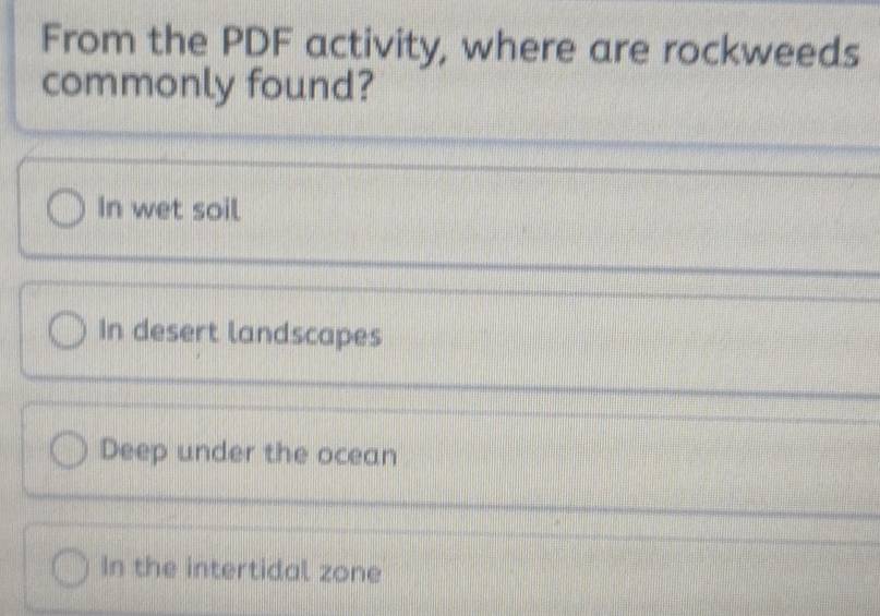 From the PDF activity, where are rockweeds
commonly found?
In wet soil
In desert landscapes
Deep under the ocean
In the intertidal zone