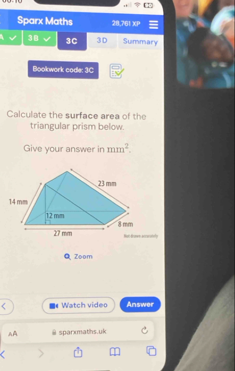 Sparx Maths 28,761 XP 
3 B 3C 3D Summary 
Bookwork code: 3C 
Calculate the surface area of the 
triangular prism below. 
Give your answer in mm^2. 
Zoom 
Watch video Answer 
AA sparxmaths.uk