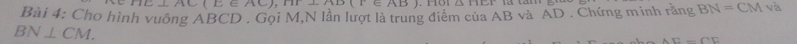 HE⊥ AC(E∈ AC), BD⊥ AEAB)
Bài 4: Cho hình vuông ABCD. Gọi M,N lần lượt là trung điểm của AB và AD. Chứng minh rằng BN=CMv a
BN⊥ CM. 
A□ -OC